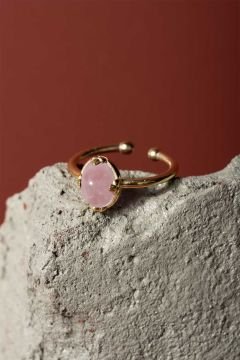 Pembe Kuvars Taşlı Minimal Gümüş Ayarlanabilir Kadın Yüzük Altın Rengi - 14