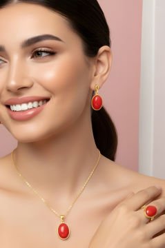 Mercan Taşlı El İşi Minimal Model Gümüş 3'lü Set 16 - Altın Rengi