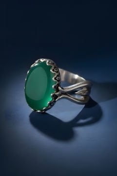 Lale Model Yeşil Akik Taşlı El İşi Gümüş Yüzük
