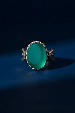 Lale Model Yeşil Akik Taşlı El İşi Gümüş Yüzük