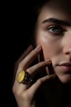 Kurdele Model Sarı Akik Taşlı El İşi Gümüş Yüzük 24 - Gümüş Rengi
