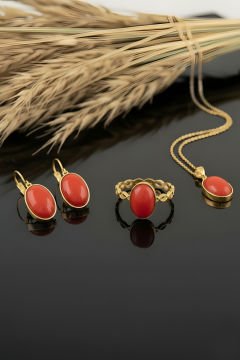 Mercan Taşlı El İşi Minimal Model Gümüş 3'lü Set 21 - Altın Rengi