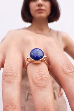 Luna Model Doğal Lapis Lazuli Taşlı Gümüş Kadın Yüzük 15 - Rose Rengi