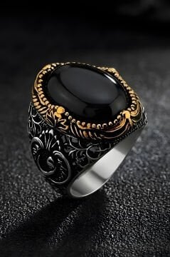 Hünkar Model Oniks Taşlı Gümüş Erkek Yüzük