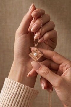 Özel Tasarım Doğal İnci Taşlı Kadın Gümüş Kolye Rose Rengi