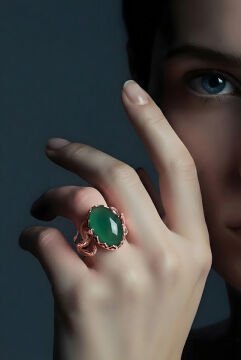 Ağaç Model Yeşil Akik Taşlı El İşi Gümüş Yüzük 15 - Rose Rengi