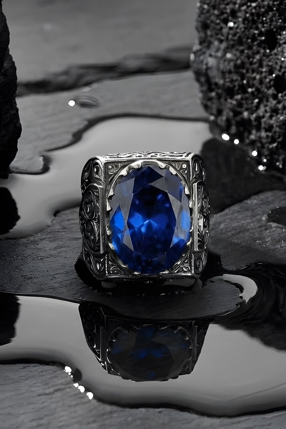 Erzurum Kalem İşçiliği Saltanat Model Safir Zirkon Taşlı Erkek Yüzük