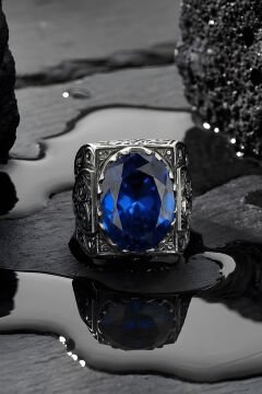 Erzurum Kalem İşçiliği Saltanat Model Safir Zirkon Taşlı Erkek Yüzük