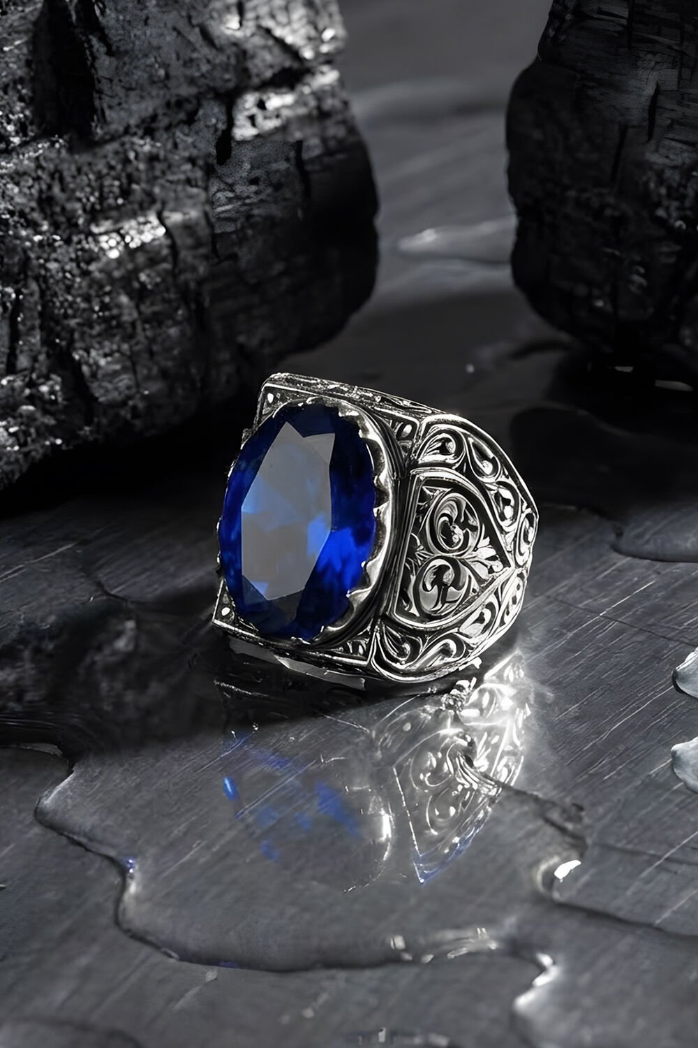 Erzurum Kalem İşçiliği Saltanat Model Safir Zirkon Taşlı Erkek Yüzük