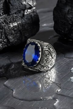Erzurum Kalem İşçiliği Saltanat Model Safir Zirkon Taşlı Erkek Yüzük