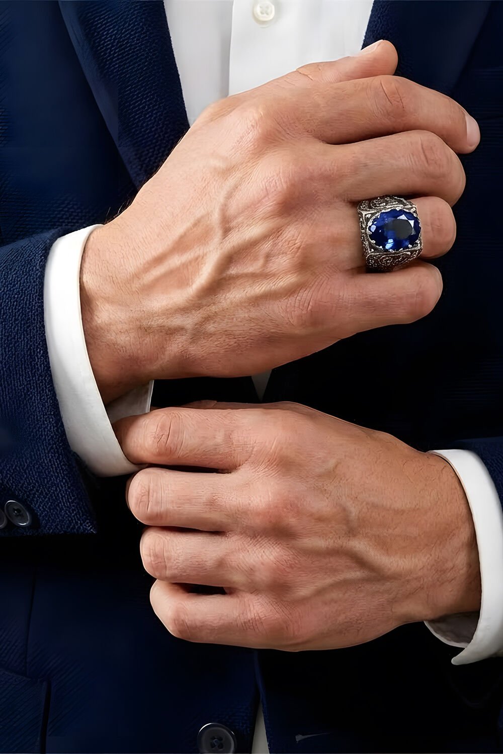 Erzurum Kalem İşçiliği Saltanat Model Safir Zirkon Taşlı Erkek Yüzük