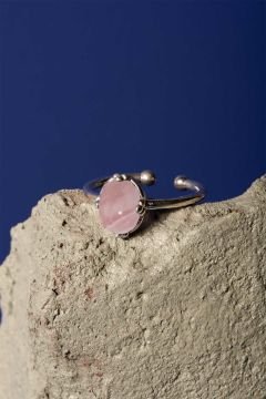 Pembe Kuvars Taşlı Minimal Gümüş Ayarlanabilir Kadın Yüzük Gümüş Rengi - 14