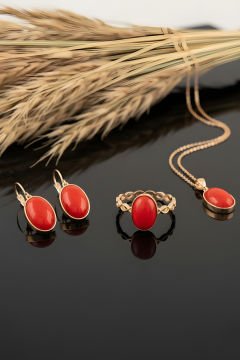 Mercan Taşlı El İşi Minimal Model Gümüş 3'lü Set 10 - Rose Rengi