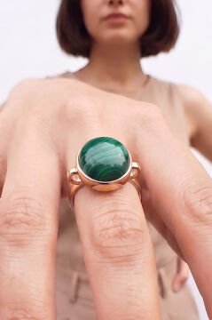 Luna Model Doğal Malakit Taşlı Gümüş Kadın Yüzük 23 - Rose Rengi