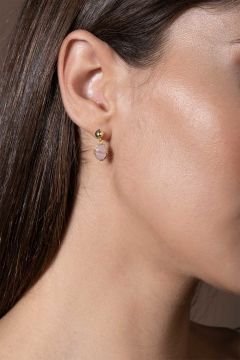 Pembe Kuvars Taşlı Minimal Gümüş Kadın Küpe Altın Rengi