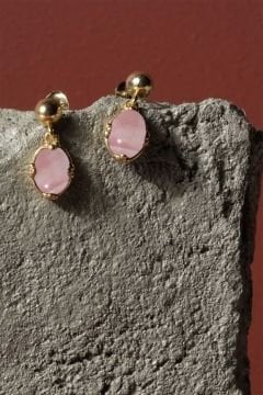 Pembe Kuvars Taşlı Minimal Gümüş Kadın Küpe Altın Rengi