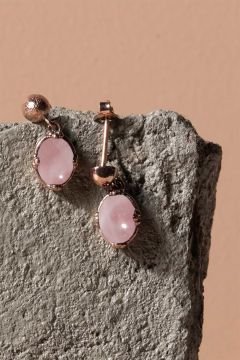 Pembe Kuvars Taşlı Minimal Gümüş Kadın Küpe Rose Rengi