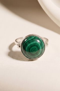 Luna Model Doğal Malakit Taşlı Gümüş Kadın Yüzük 10 - Gümüş Rengi