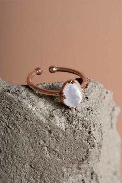 Sedef Taşlı Minimal Gümüş Ayarlanabilir Kadın Yüzük Rose Rengi - 10