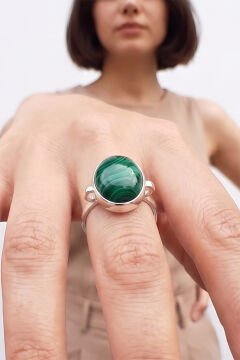 Luna Model Doğal Malakit Taşlı Gümüş Kadın Yüzük 16 - Gümüş Rengi