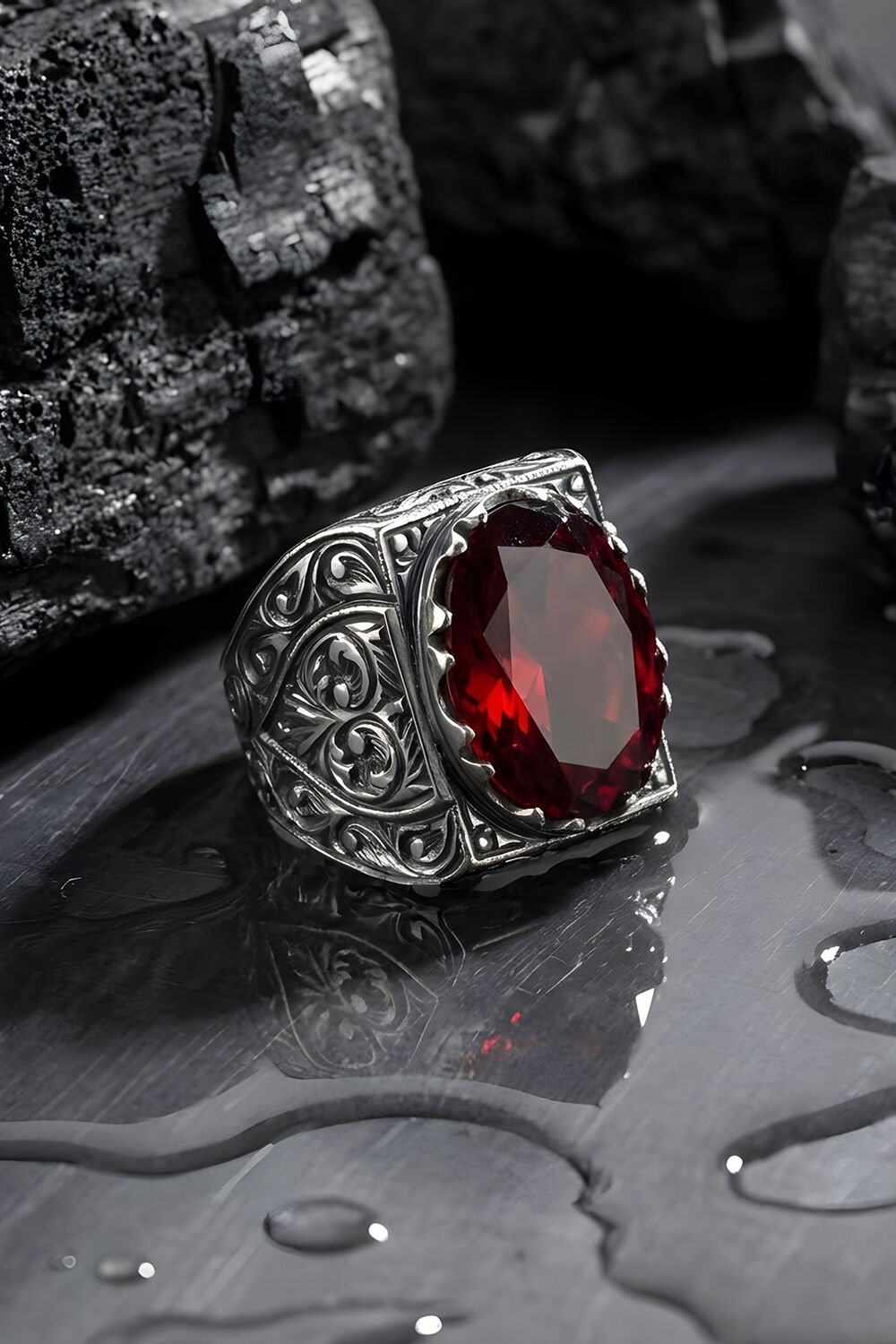 Erzurum Kalem İşçiliği Saltanat Model Yakut Zirkon Taşlı Erkek Yüzük