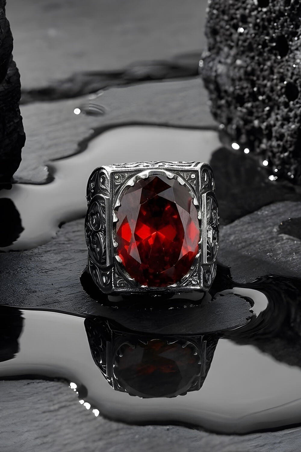 Erzurum Kalem İşçiliği Saltanat Model Yakut Zirkon Taşlı Erkek Yüzük