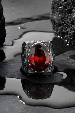 Erzurum Kalem İşçiliği Saltanat Model Yakut Zirkon Taşlı Erkek Yüzük