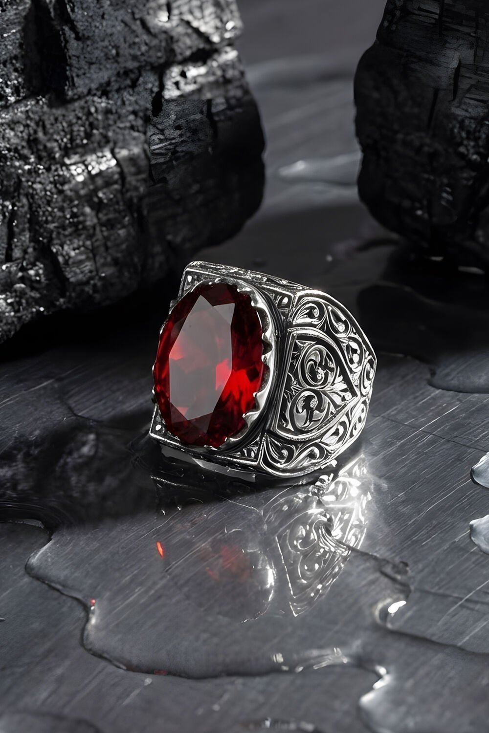 Erzurum Kalem İşçiliği Saltanat Model Yakut Zirkon Taşlı Erkek Yüzük