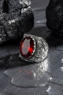 Erzurum Kalem İşçiliği Saltanat Model Yakut Zirkon Taşlı Erkek Yüzük