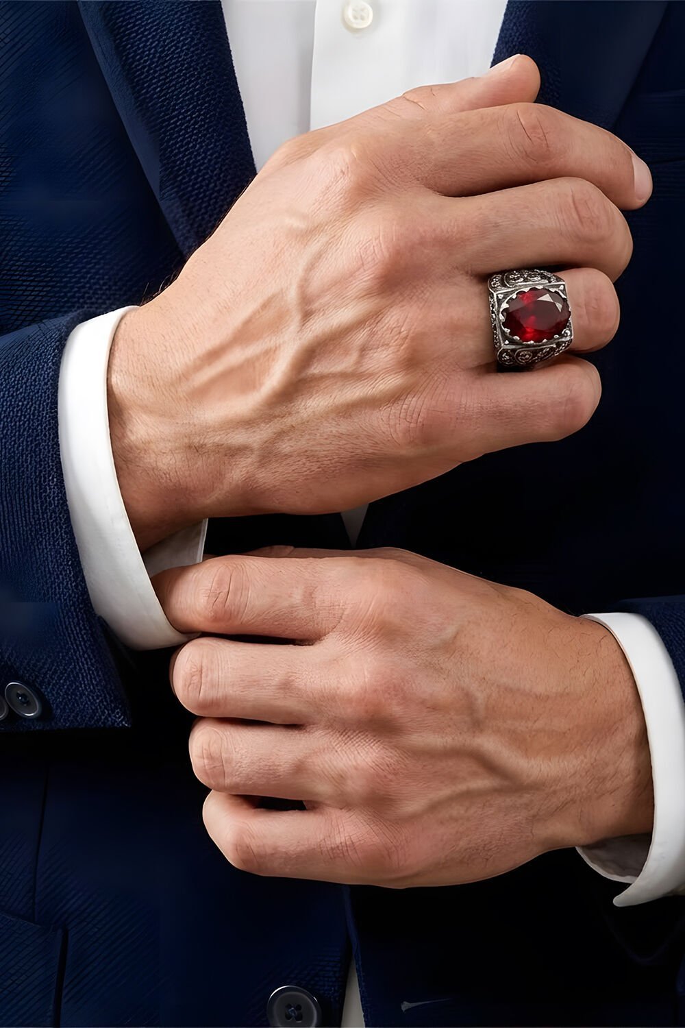 Erzurum Kalem İşçiliği Saltanat Model Yakut Zirkon Taşlı Erkek Yüzük