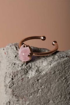 Pembe Kuvars Taşlı Minimal Gümüş Ayarlanabilir Kadın Yüzük 10 - Rose Rengi