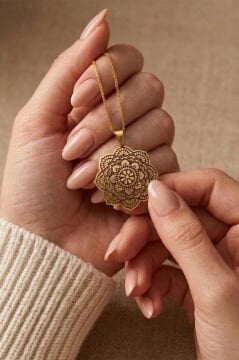 Özel Tasarım Mandala Motifli Gümüş Kolye Altın Rengi