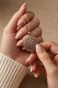 Özel Tasarım Mandala Motifli Gümüş Kolye Rose Rengi