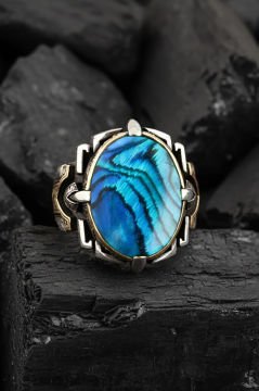 Kalem İşleme Okyanus Sedefi Taşlı Erkek Yüzüğü