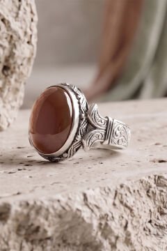 Oval Katre Model Akik Taşlı Gümüş Erkek Yüzük