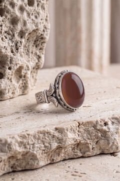 Oval Katre Model Akik Taşlı Gümüş Erkek Yüzük