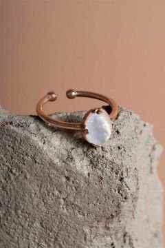 Sedef Taşlı Minimal Gümüş Ayarlanabilir Kadın Yüzük Rose Rengi - 20