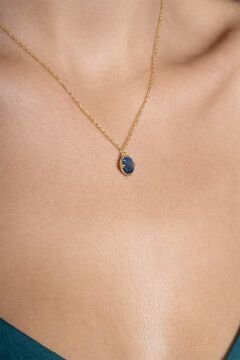 Lapis Lazuli Taşlı Minimal Gümüş Kadın Kolye Altın Rengi