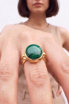 Luna Model Doğal Malakit Taşlı Gümüş Kadın Yüzük 12 - Altın Rengi