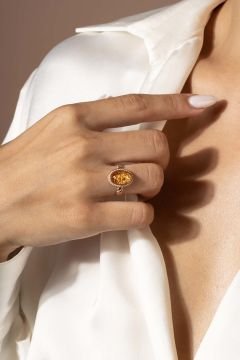 Damla Kehribar Taşlı Minimal Gümüş Yüzük Rose Rengi - 17