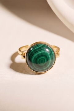 Luna Model Doğal Malakit Taşlı Gümüş Kadın Yüzük 13 - Altın Rengi