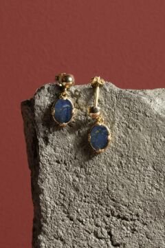 Lapis Lazuli Taşlı Minimal Gümüş Kadın Küpe Altın Rengi