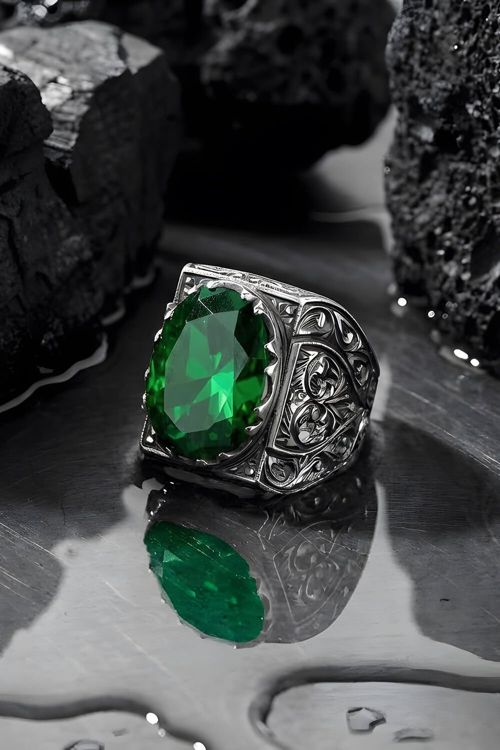 Erzurum Kalem İşçiliği Saltanat Model Zümrüt Zirkon Taşlı Erkek Yüzük