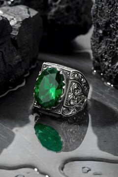 Erzurum Kalem İşçiliği Saltanat Model Zümrüt Zirkon Taşlı Erkek Yüzük