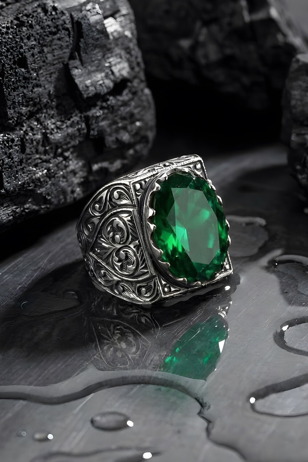 Erzurum Kalem İşçiliği Saltanat Model Zümrüt Zirkon Taşlı Erkek Yüzük