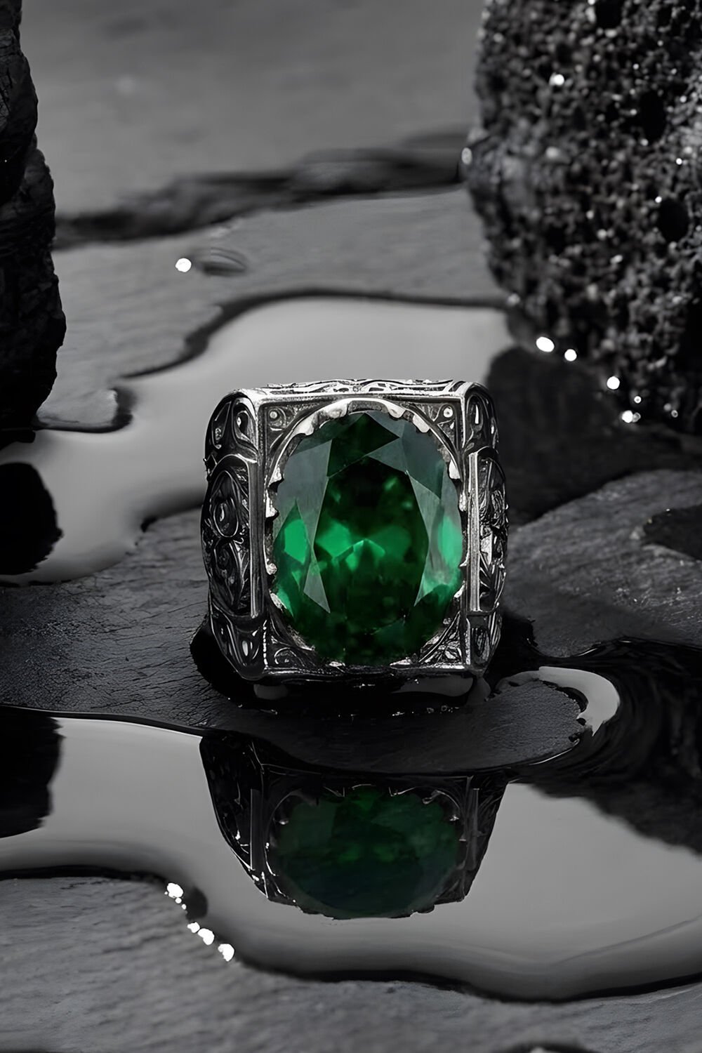 Erzurum Kalem İşçiliği Saltanat Model Zümrüt Zirkon Taşlı Erkek Yüzük