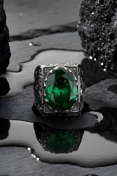 Erzurum Kalem İşçiliği Saltanat Model Zümrüt Zirkon Taşlı Erkek Yüzük