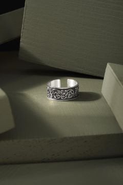 Gravür Desenli Ayarlanabilir Gümüş Yüzük