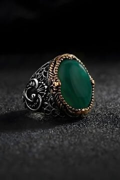 Hünkar Model  Yeşil Akik Taşlı Gümüş Erkek Yüzük