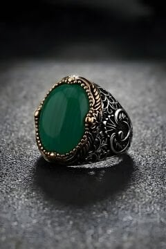Hünkar Model  Yeşil Akik Taşlı Gümüş Erkek Yüzük